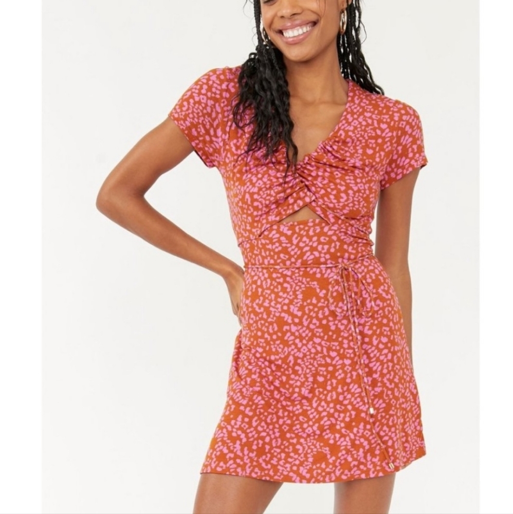 NEW Free People Marsaille Mini Dress Rust Combo Pink Keyhole Short Sleeve